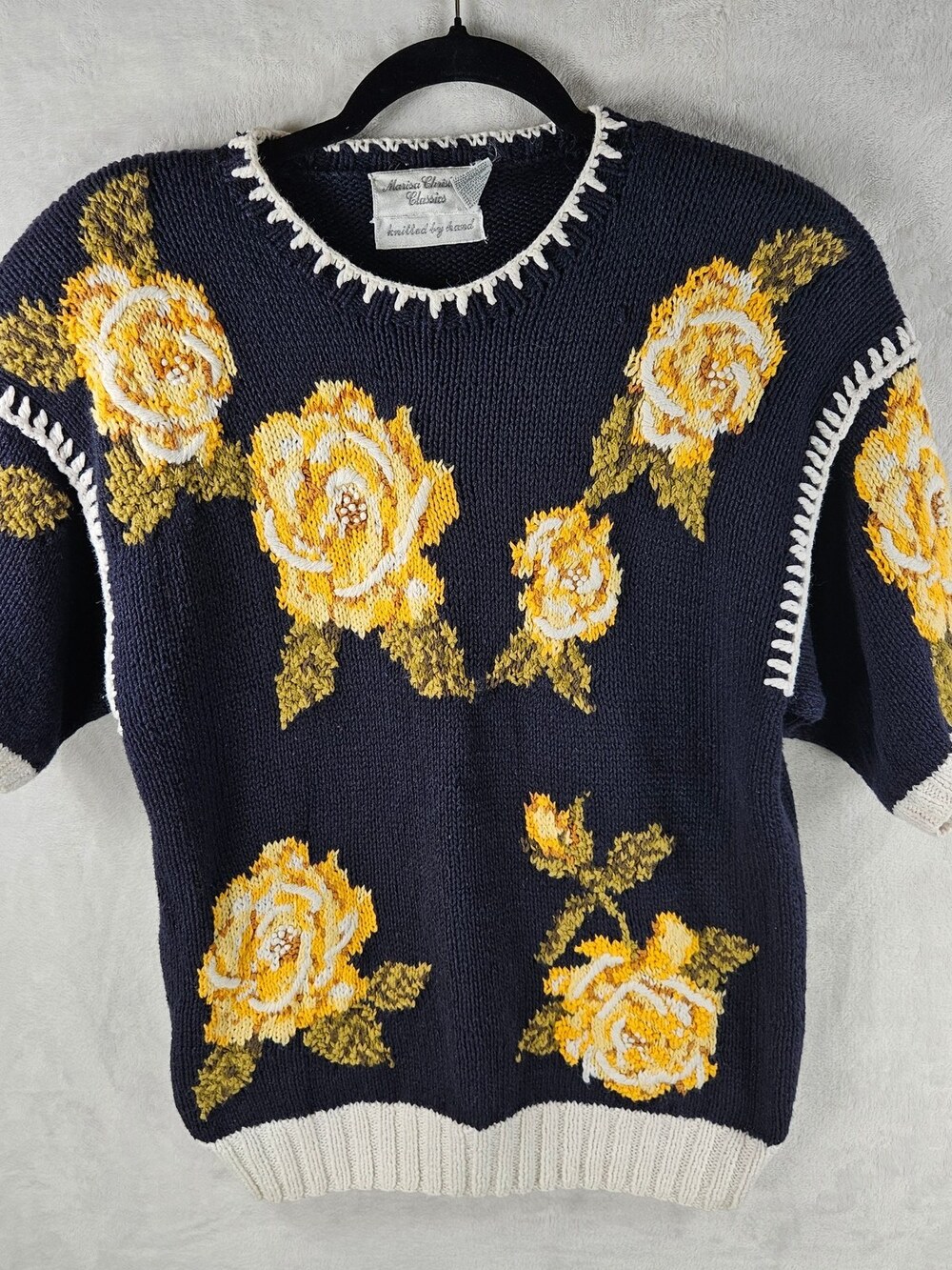Vintage 90s Marisa Christina Hand Knit Sweater Floral Navy Women's Size Small